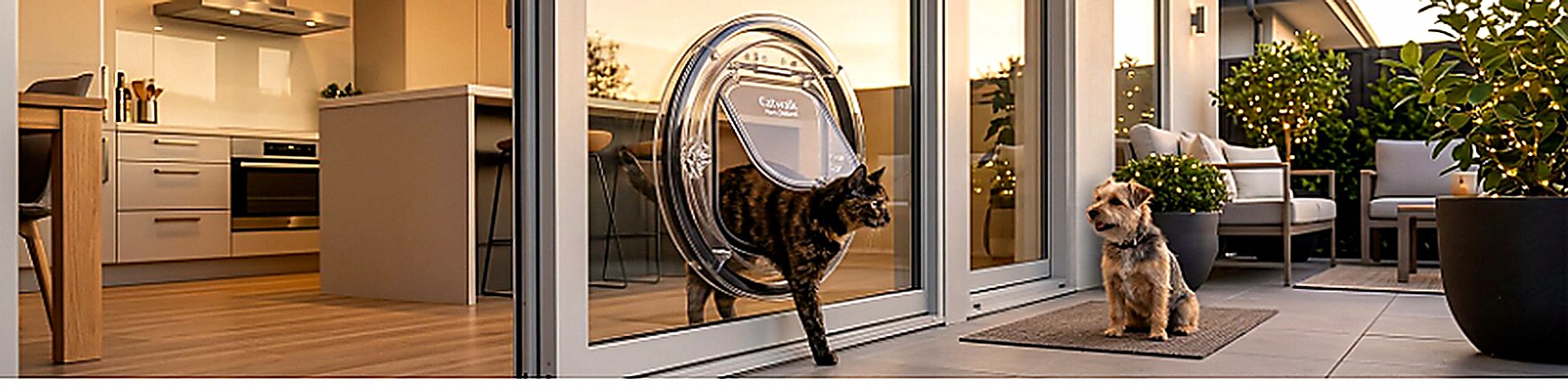 A cat stepping out through a clear Catwalk glass fitting pet door in a sliding glass door, with a small dog waiting on the terrace outside at dusk