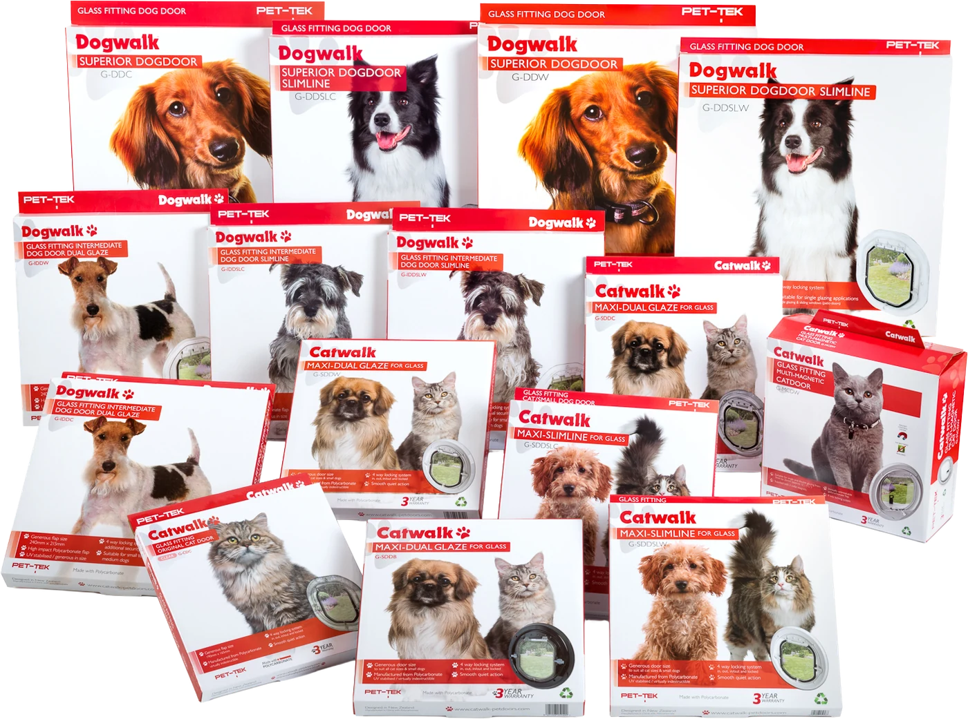 The full Catwalk and Dogwalk glass fitting pet door range in retail packaging, every model and size Pet-Tek supplies to trade