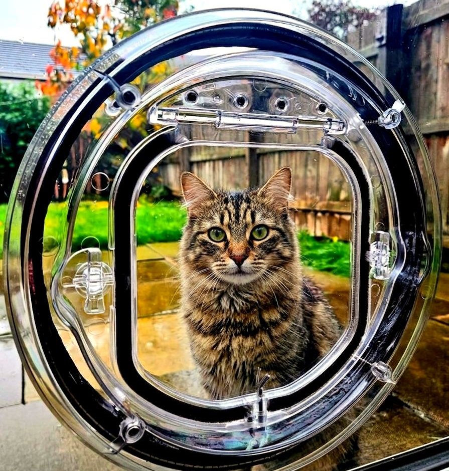 A tabby cat sitting outside, looking in through a clear round Catwalk glass fitting cat door